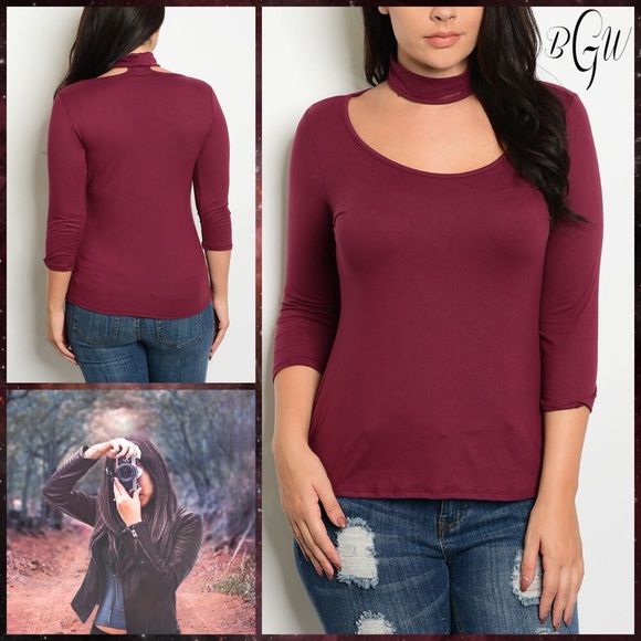 Zenobia Tops - Best Seller Burgundy Plus Choker Fitted Top